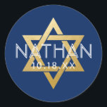 Modern Blue Bar Mitzvah Star of David Personalised Classic Round Sticker<br><div class="desc">Elegant modern blue and gold classic bar mitzvah stickers with custom name, date and Star of David design. These bar mitzvah favour tag stickers are stylish and classy envelope seals, or on DIY bar and bat mitzvah party decor projects. Click CUSTOMIZE FURTHER to edit background and text colour, font or...</div>