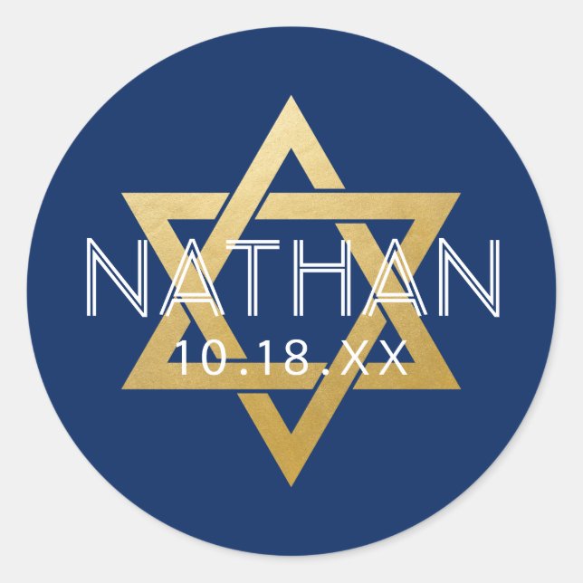 Modern Blue Bar Mitzvah Star of David Personalised Classic Round Sticker (Front)