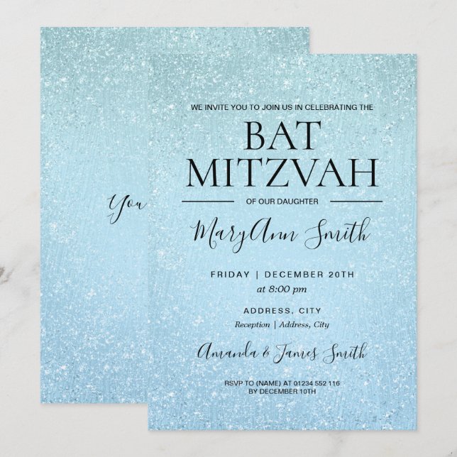 Modern Blue Bat Mitzvah Faux Glitter Paint Invitation (Front/Back)