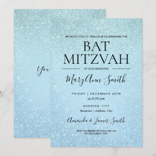 Modern Blue Bat Mitzvah Faux Glitter Paint Invitation