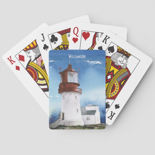 Modern Blue Beach Ocean Lighthouse Monogrammed Playing Cards (Back)