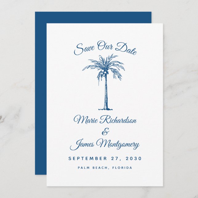Modern Blue Beach Wedding Save the Date (Front/Back)