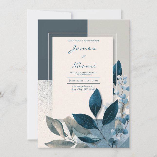 Modern Blue & Beige Geometric Botanical Wedding  Invitation (Front)