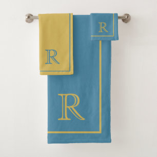 modern Blue &Beige initial Monogram Pattern Bath Towel Set