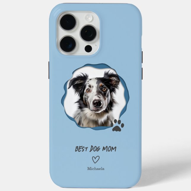 Modern Blue Best Dog Mom Photo Case-Mate iPhone Case (Back)
