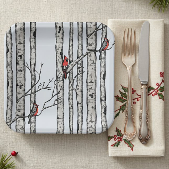 Modern Blue Birch Trees and Red Cardinal Birds Paper Plate (Modern Red Cardinal & Birch Tree Winter Paper Plates. Simple Elegant Birch Trees for Christmas Party)