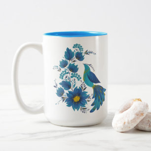 Modern Blue Bird Folk Art Floral Two-Tone Coffee Mug