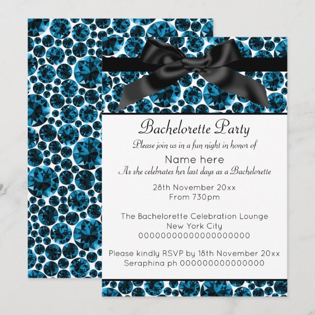 MODERN BLUE BLACK DIAMOND BOW BACHELORETTE INVITATION (Front/Back)