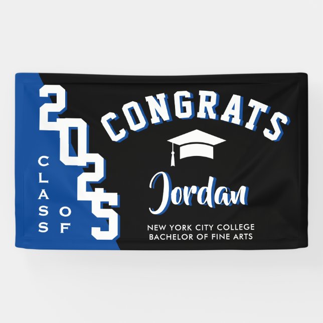 Modern Blue Black Graduation Class of 2025 Party Banner (Horizontal)