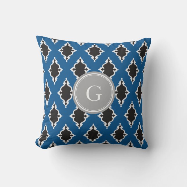 Modern blue black ikat tribal pattern monogram cushion (Front)