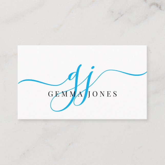 Modern Blue Black Monogram Feminine Script Name Business Card (Front)