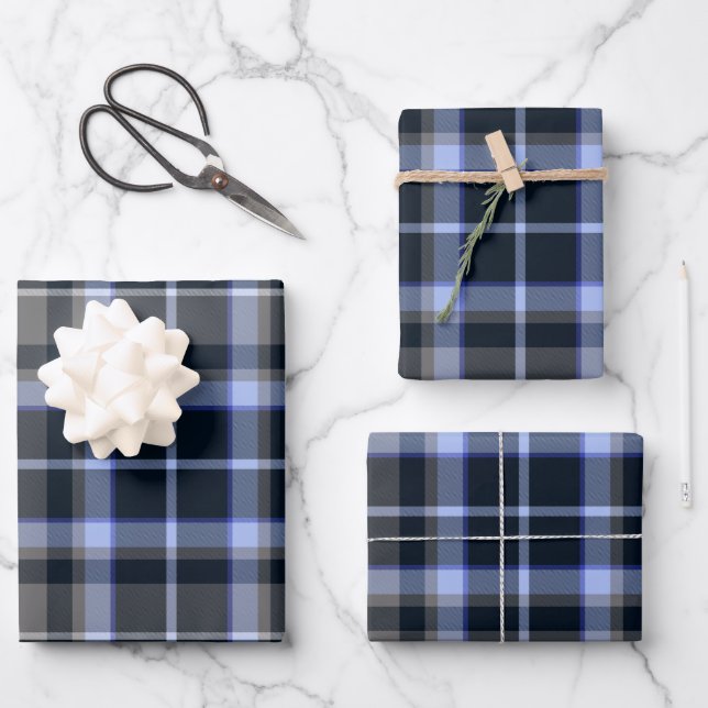 Modern Blue Black Plaid Tartan Pattern Wrapping Paper Sheet (Front)