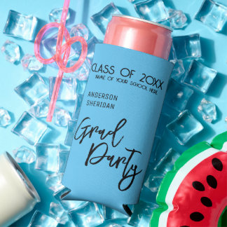 Modern Blue Black Script Grad Party Seltzer Can Cooler