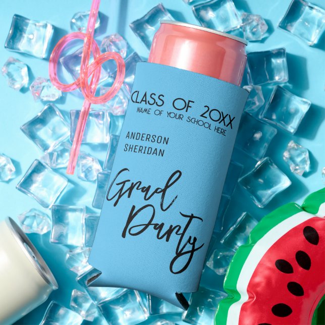 Modern Blue Black Script Grad Party Seltzer Can Cooler (In Situ Summer)