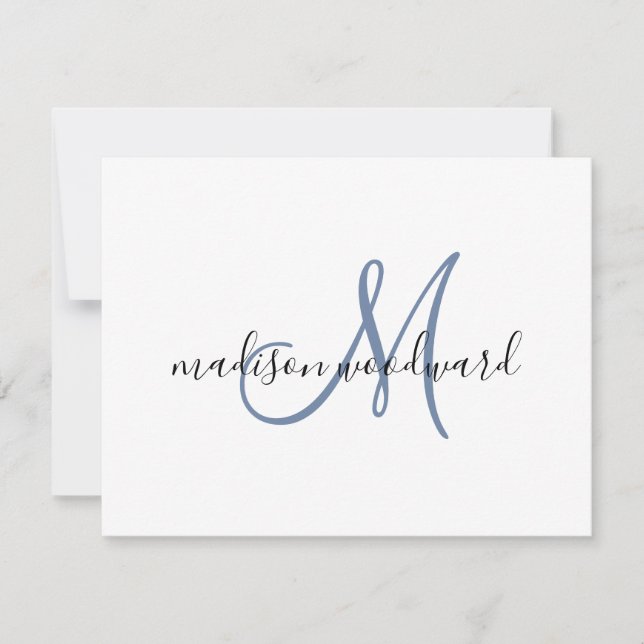 Modern Blue Black Script Monogram  Note Card (Front)