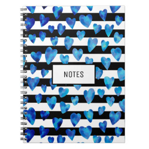 Modern Blue Black Striped Love Heart Personalised Notebook