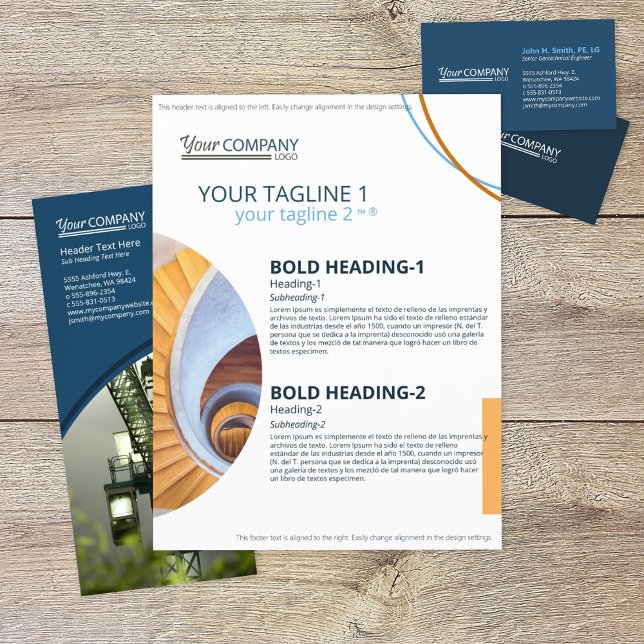 Modern Blue Block Text, Geometric Photo Shapes Flyer (navy blue gold yellow company branding flyer with modern block text and geometric shaped photos)