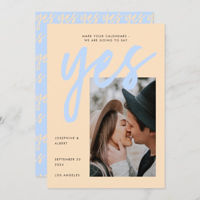 Modern Blue Blush Big Script Photo Wedding Save Th Save The Date (Front/Back)