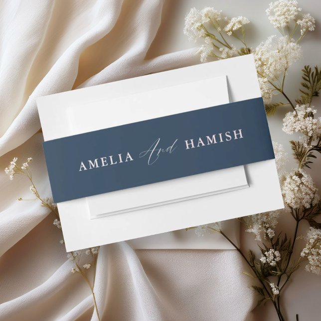 Modern Blue & Blush Calligraphy Wedding Invitation Belly Band (Creator Uploaded)