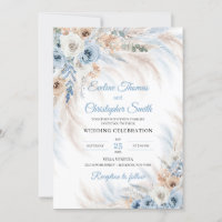 Modern blue boho flowers roses pampas tropical