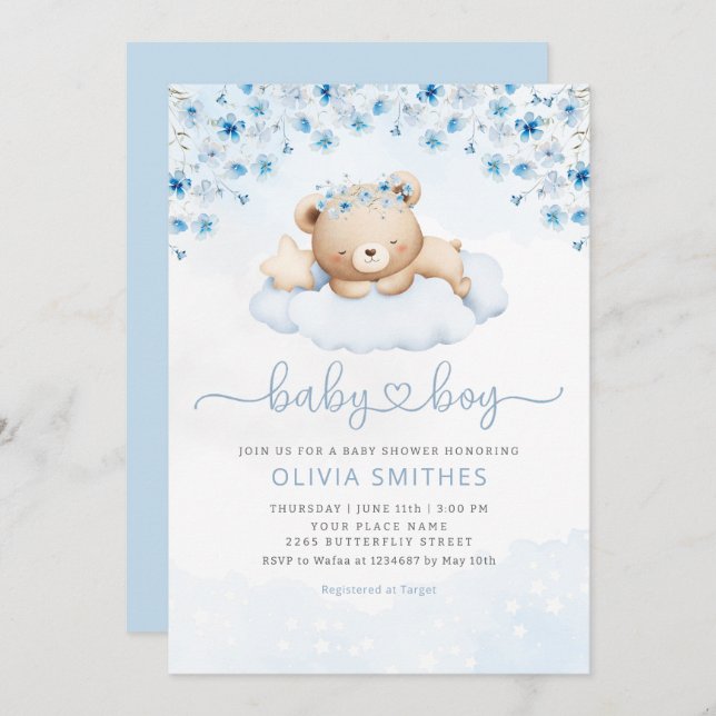 Modern Blue Boho Teddy Bear Boy Baby Shower  Invitation (Front/Back)