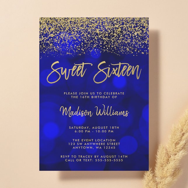 Modern Blue Bokeh Gold Glitter Sweet 16 Invitation (Creator Uploaded)