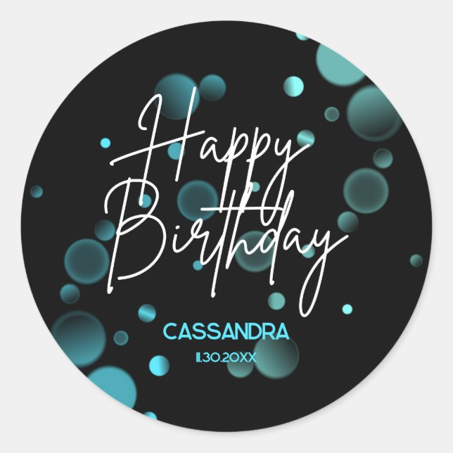 Modern Blue Bokeh Gradient Black Happy Birthday Classic Round Sticker (Front)