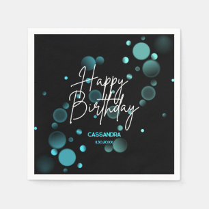 Modern Blue Bokeh Gradient Black Happy Birthday Napkin