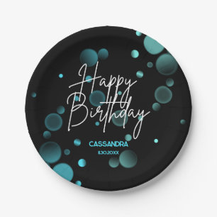 Modern Blue Bokeh Gradient Black Happy Birthday Paper Plate