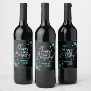 Modern Blue Bokeh Gradient Black Happy Birthday Wine Label