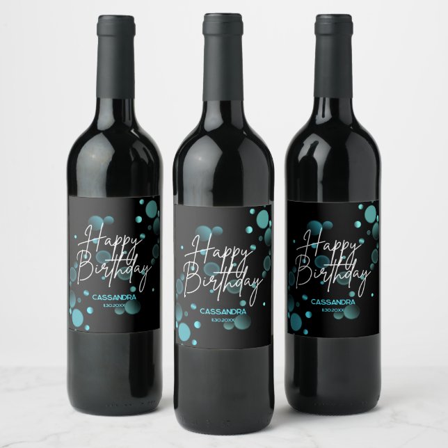 Modern Blue Bokeh Gradient Black Happy Birthday Wine Label (Bottles)