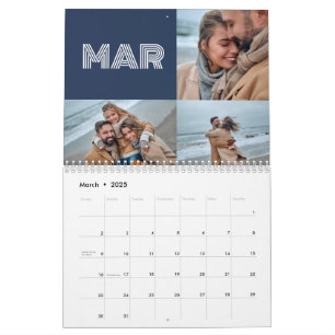 Modern Blue Bold Typography 3 Photo Family Calendar