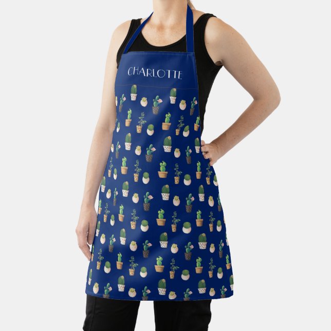 Modern Blue Botanical Cacti Gardening Apron (Insitu)