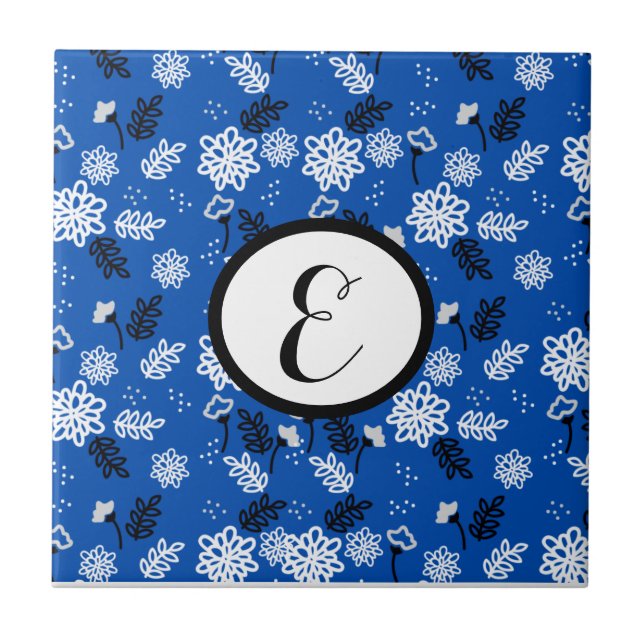 Modern Blue Botanical Floral Pattern Ceramic Tile (Front)