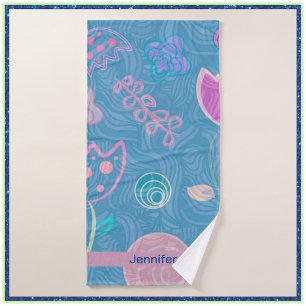 Modern Blue Botanical Floral Tulip Bath Towel Set