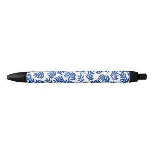 Modern Blue Botanical Leaves Pattern Black Ink Pen