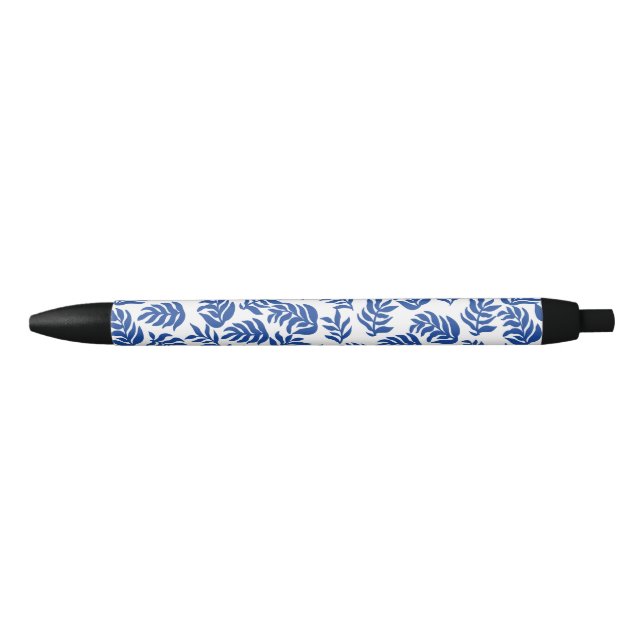 Modern Blue Botanical Leaves Pattern Black Ink Pen (Front)