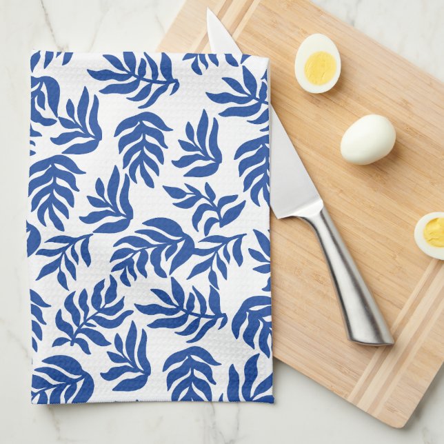 Modern Blue Botanical Leaves Pattern Tea Towel (Quarter Fold)