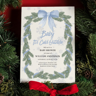 Modern Blue Bow Baby It's Cold Outside Baby Shower Invitation