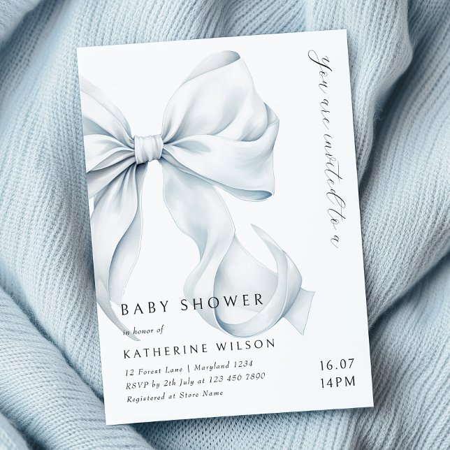 Modern Blue Bow Baby Shower Invitation (Creator Uploaded)