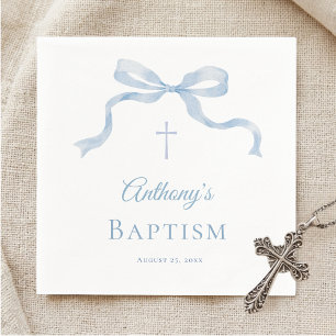 Modern Blue Bow Baptism Napkins for Boy