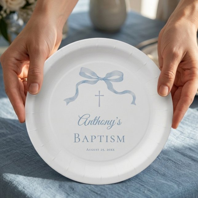 Modern Blue Bow Baptism Paper Plate (Creator Uploaded)
