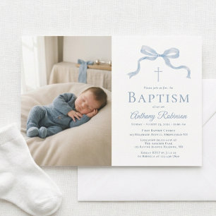 Modern Blue Bow Baptism Photo Invitation
