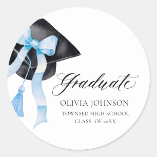 Modern Blue  Bow Coquette Graduation Cap Graduate Classic Round Sticker