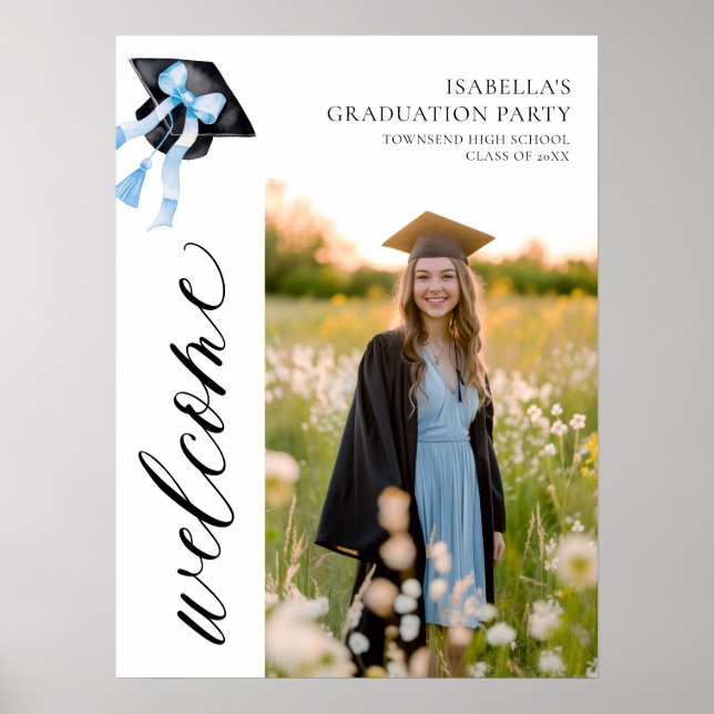 Modern Blue Bow Coquette Graduation Cap Welcome Poster (Front)
