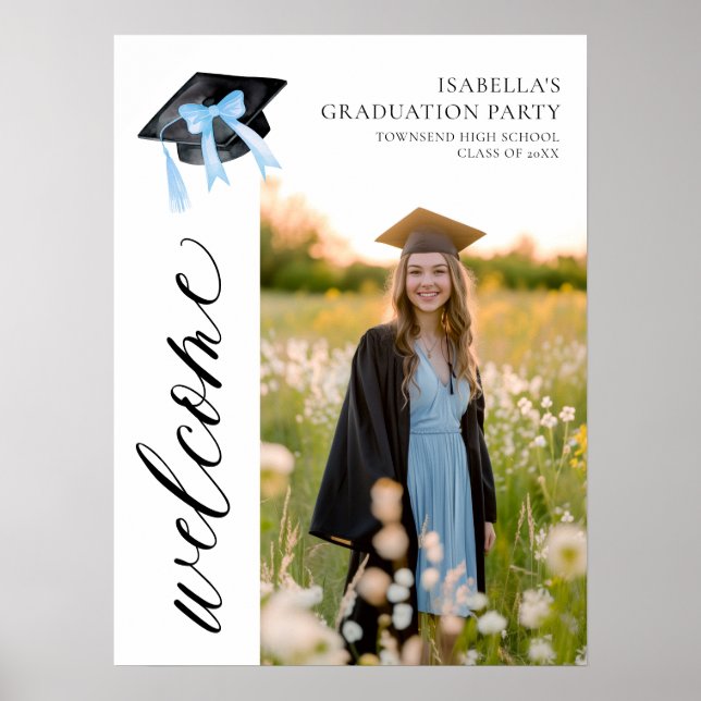 Modern Blue Bow Coquette Graduation Cap Welcome Poster (Front)