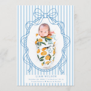 Modern Blue Bow Frame Stripes Photo Baby Birth Announcement
