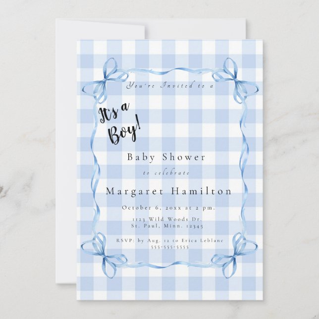 Modern Blue Bow Gingham Baby It's a Boy Shower  Invitation (Front)