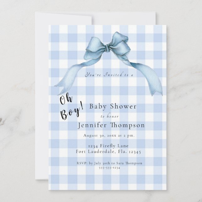 Modern Blue Bow Gingham Oh Boy Baby Shower Invitation (Front)