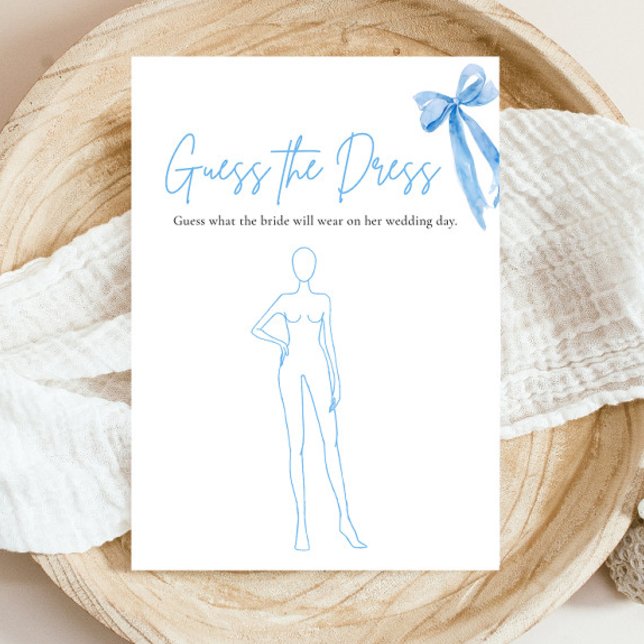 Modern Blue Bow Guess The Dress Bridal Shower Game Invitation (Modern Watercolor Dusty Blue Bow Guess The Dress Bridal Shower Game)